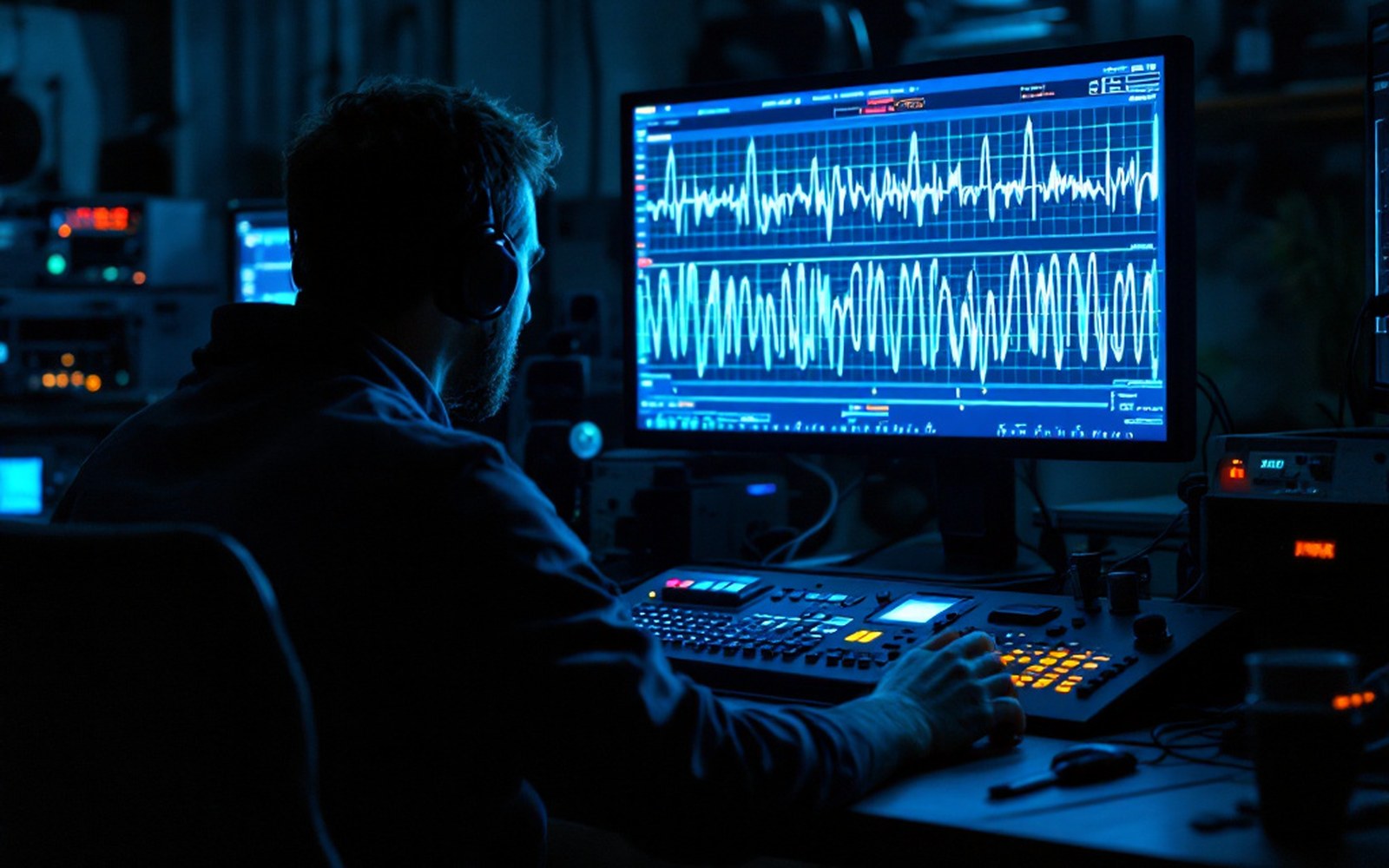 An analyser screen showing a repeating waveform trace in a dim room