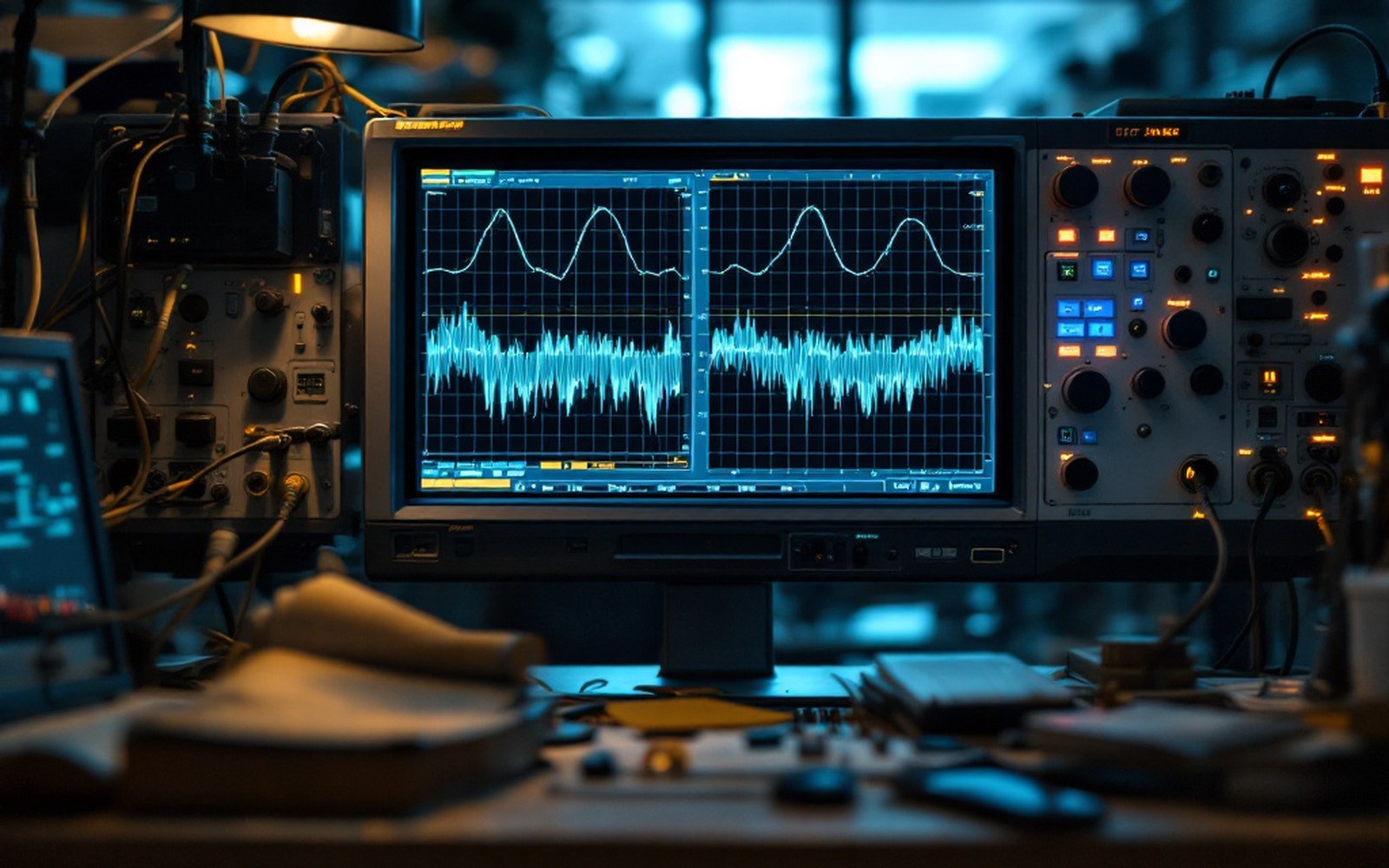 An oscilloscope or analyser display showing two traces offset in time