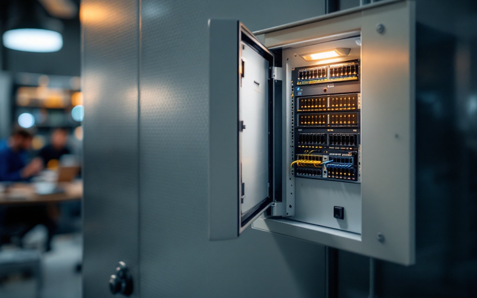 A wall-mounted network cabinet with a small switch and patch leads, door open