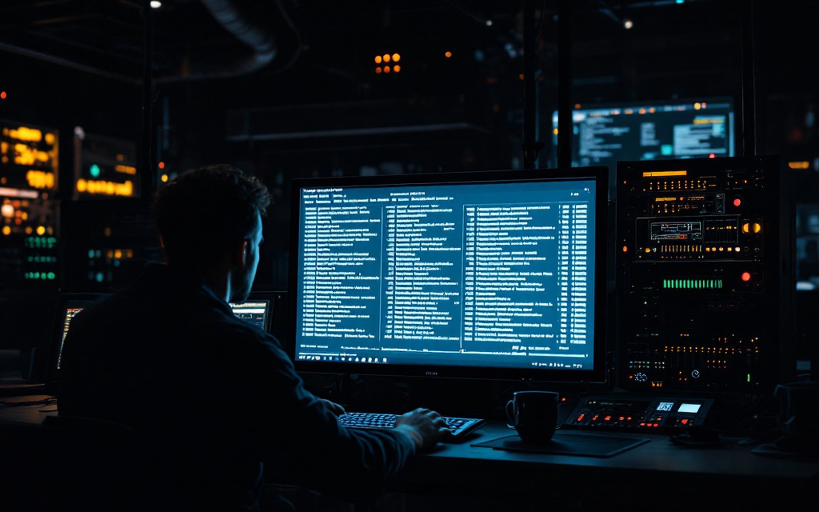 A terminal screen showing scrolling system output in a dim room