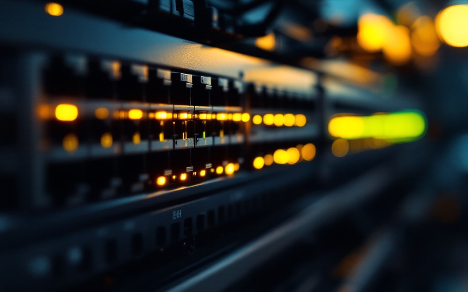 A close view of a network switch faceplate with link lights, some dark