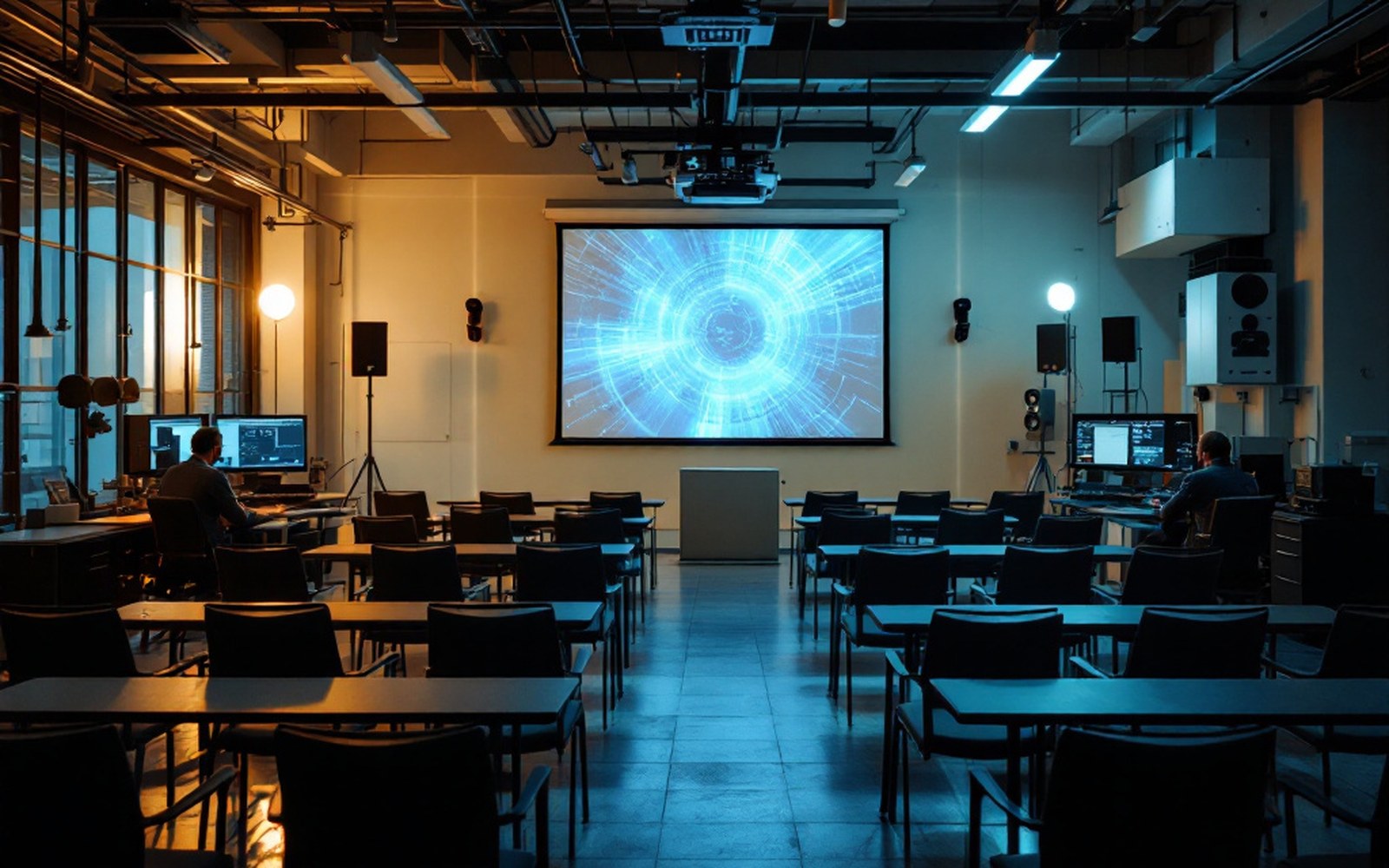 A conference room with a projector screen and rows of empty chairs