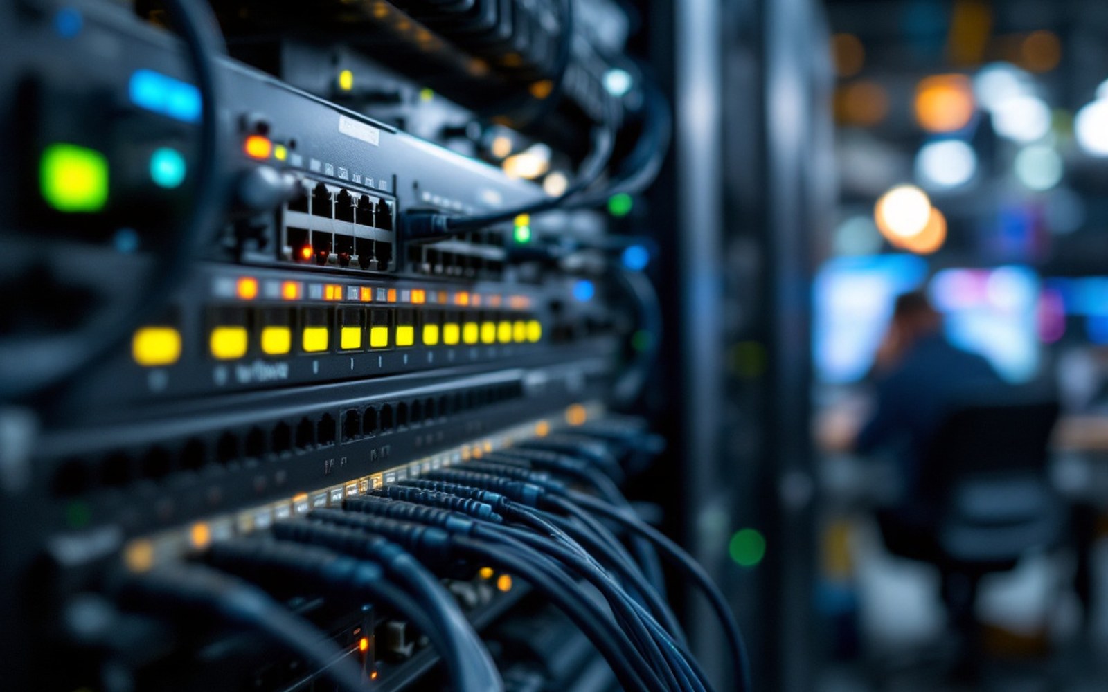 A managed switch in a rack with all ports patched, cable management bars visible