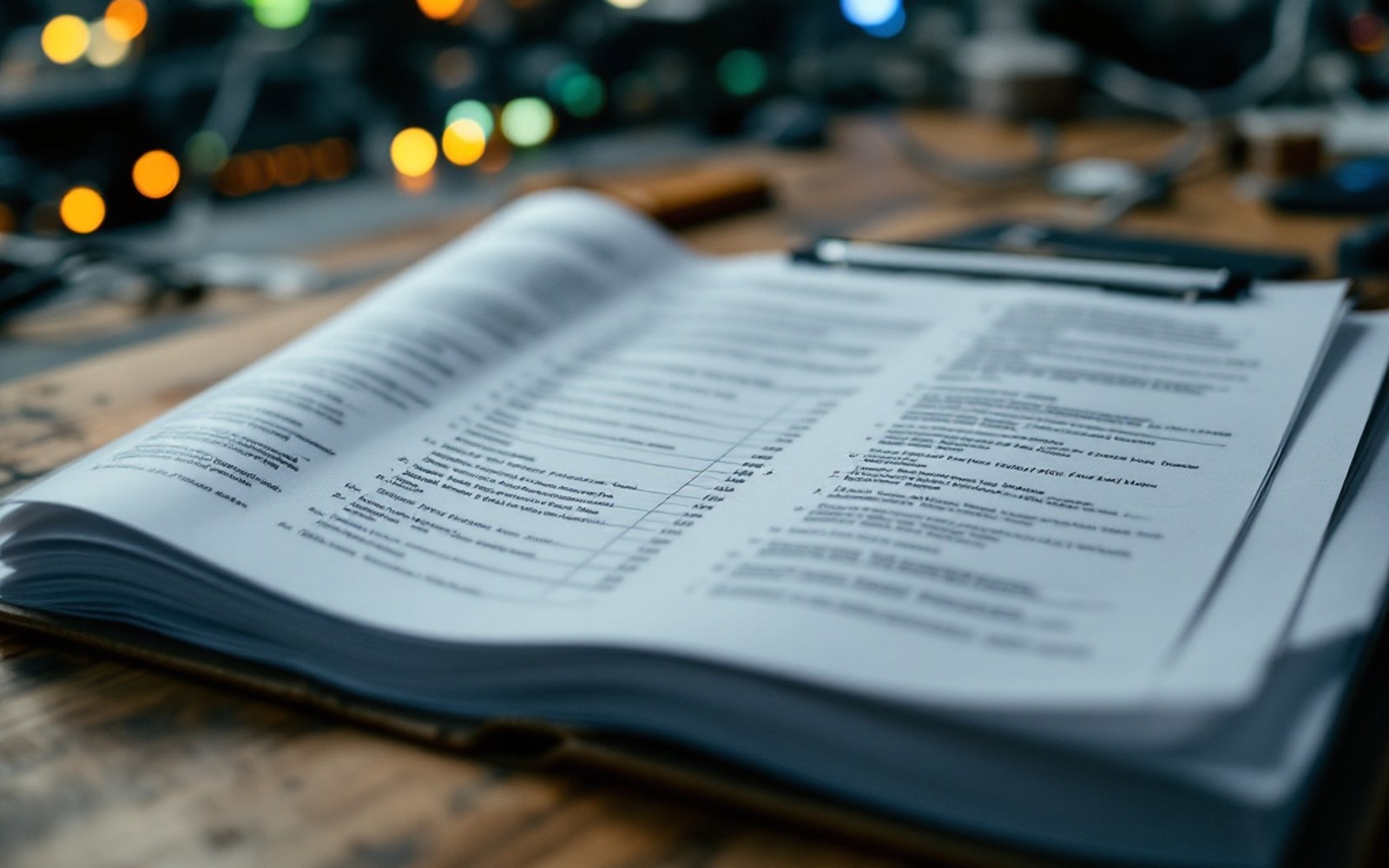 A thick printed specification document open at a page of numbered clauses