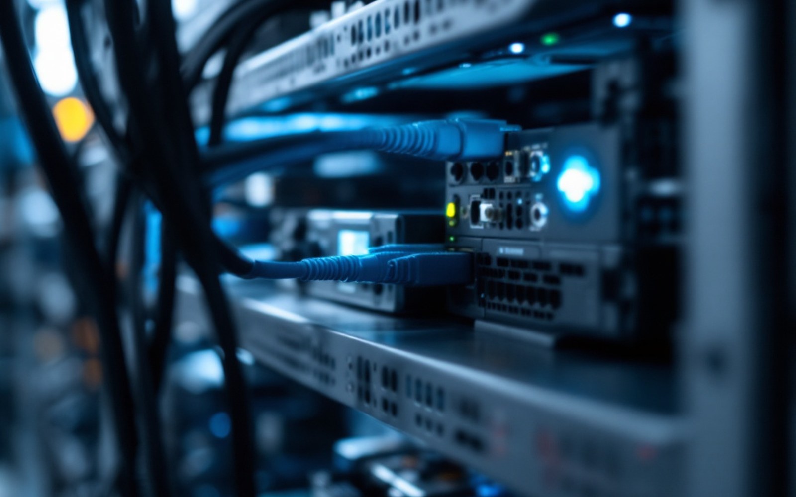 A small server appliance on a shelf with two cables entering it