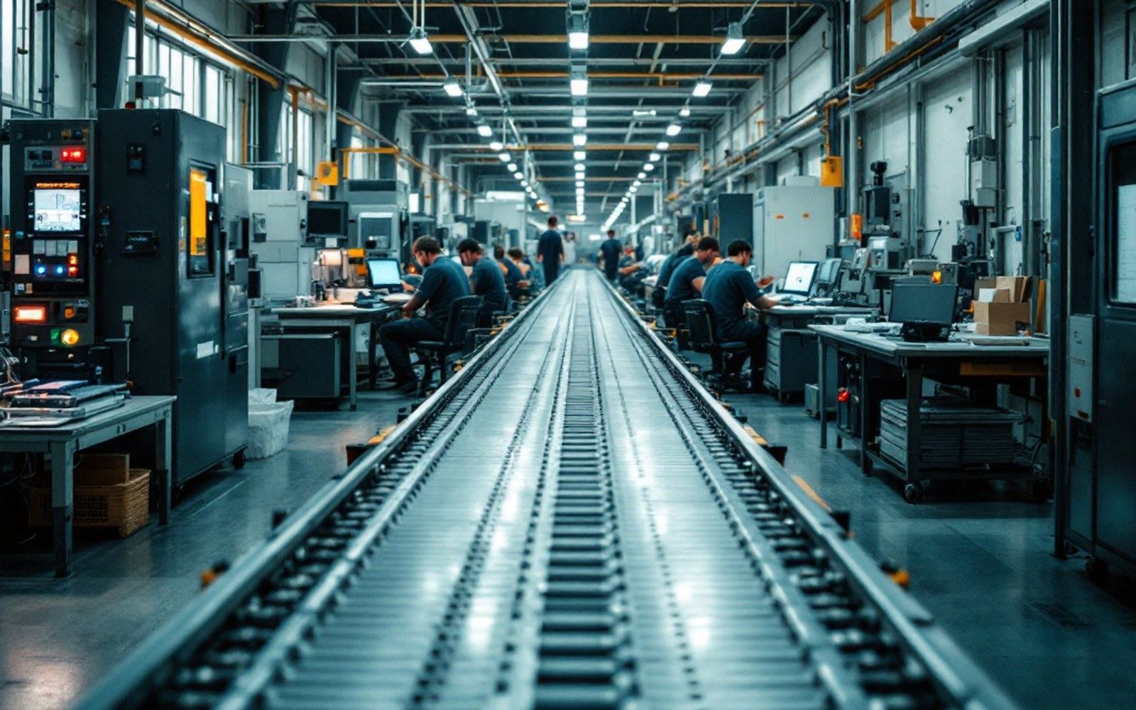 A long queue of identical objects on a conveyor in a plain industrial setting